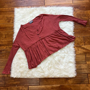 Hudson Gray Womens Henley Shirt Red Solid Long Sleeve V Neck Waffle Knit USA L